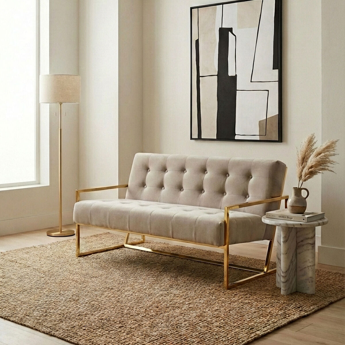 Orsina Azalea Mink Velvet 2 Seater Sofa | Tufted Gold Frame Loveseat