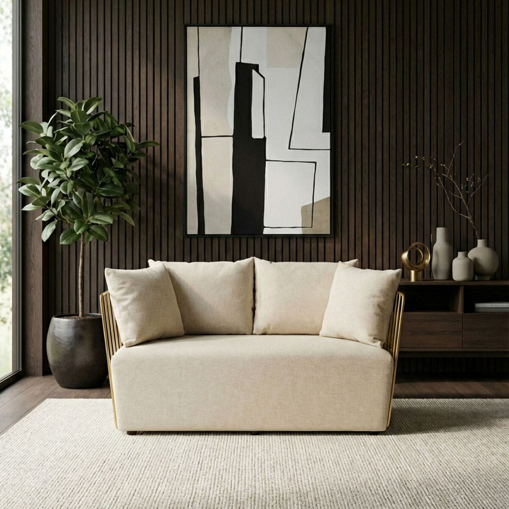 Orsina Azalea 2 Seater Sofa – Natural Fabric with Gold Steel Frame