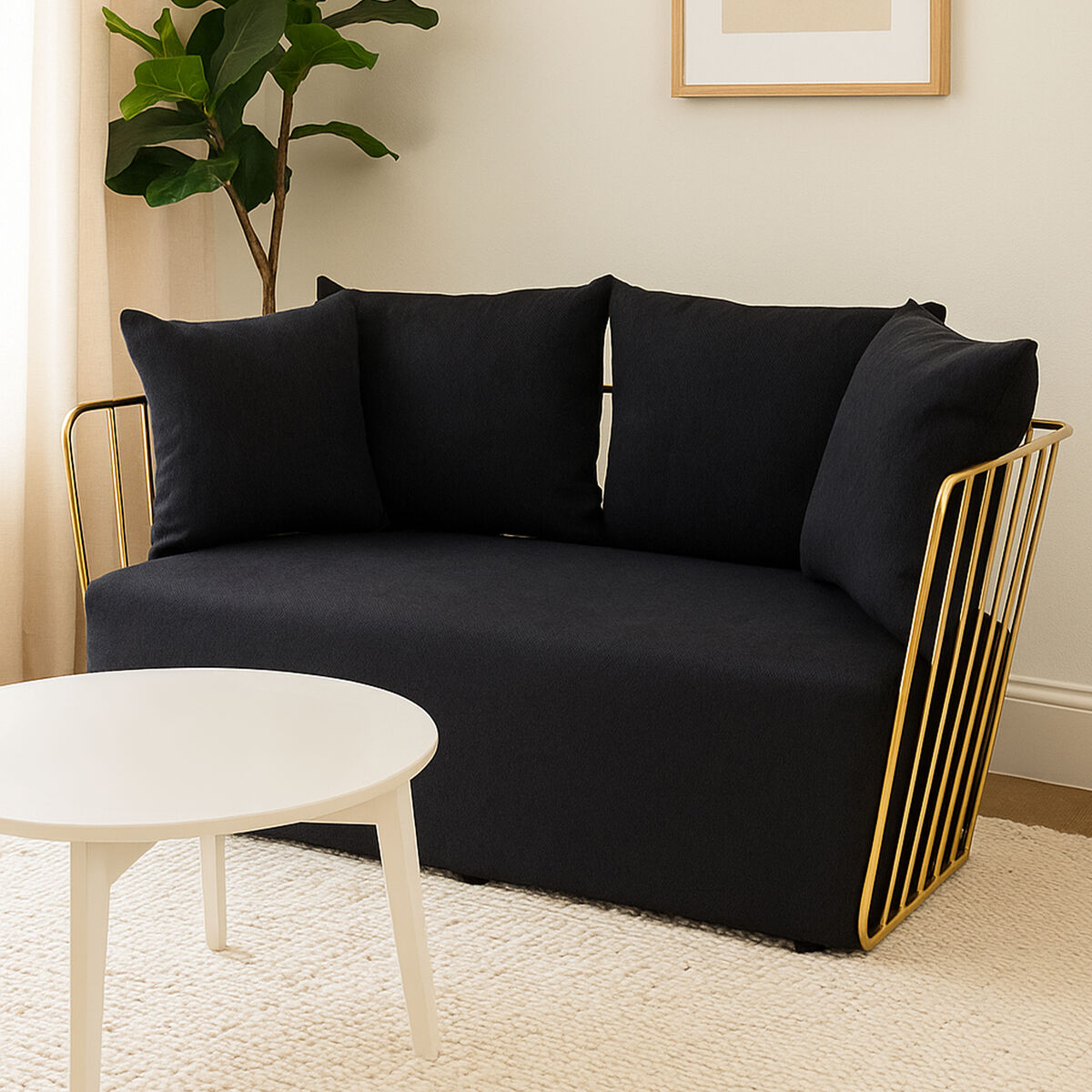 Orsina Azalea Black Fabric 2 Seater Sofa | Modern Gold Frame Loveseat