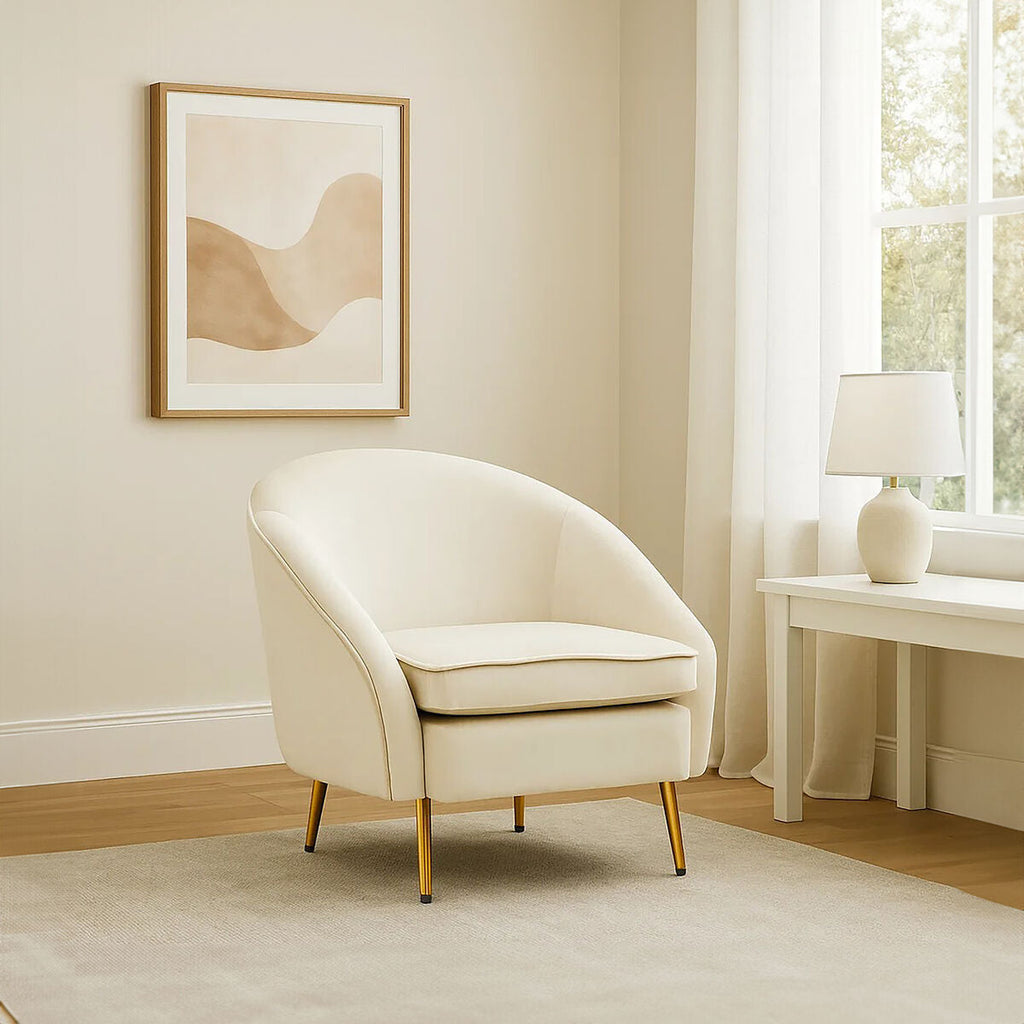 Orsina Yasmeen Beige Velvet Armchair – Modern Tub Chair with Gold Legs