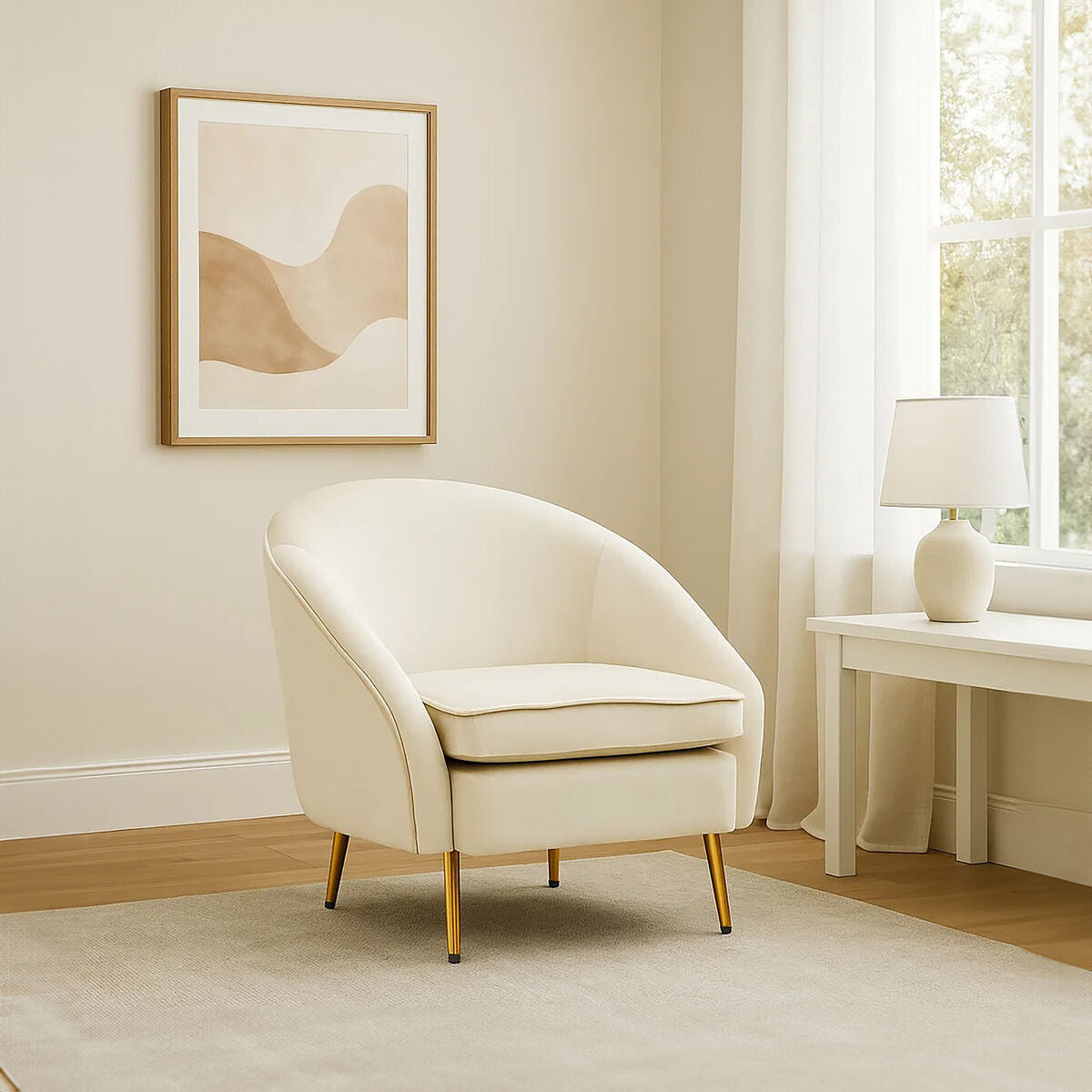 Orsina Yasmeen Beige Velvet Armchair – Modern Tub Chair with Gold Legs