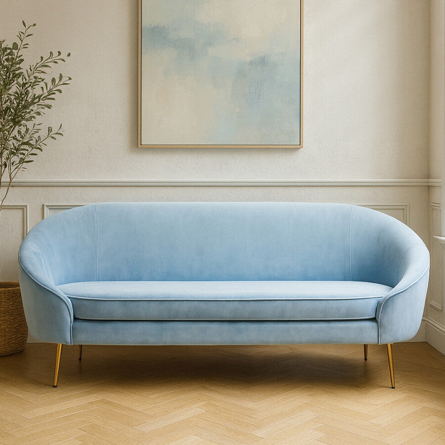 Orsina Yasmeen 3 Seater Aqua Blue Velvet Sofa with Gold Legs
