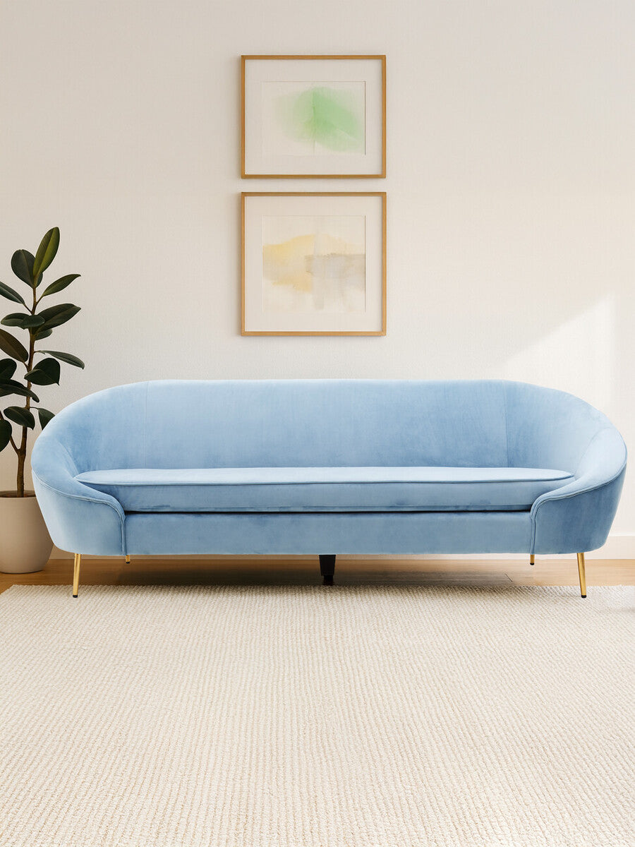 Orsina Yasmeen 3 Seater Aqua Blue Velvet Sofa with Gold Legs