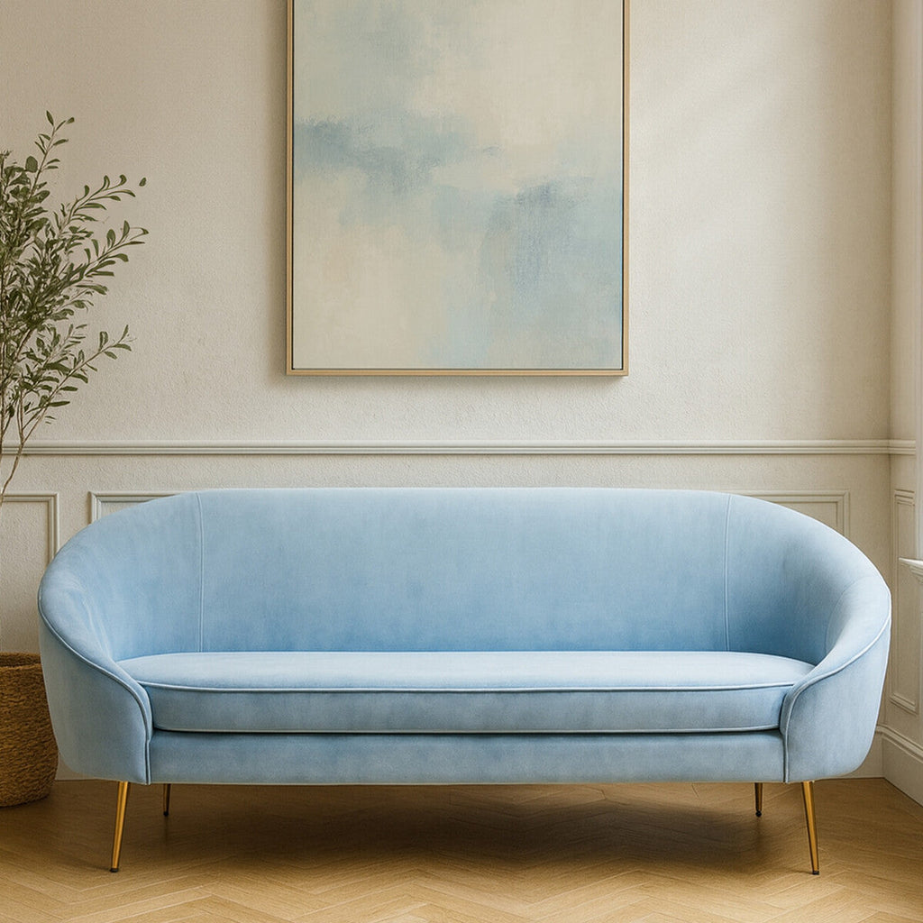 Orsina Yasmeen 3 Seater Aqua Blue Velvet Sofa with Gold Legs