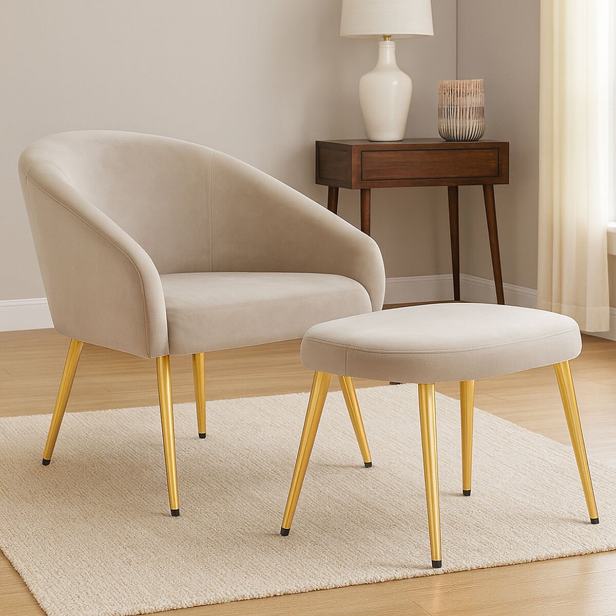 Orsina Yasmeen Mink Velvet Accent Chair and Footstool with Gold Legs