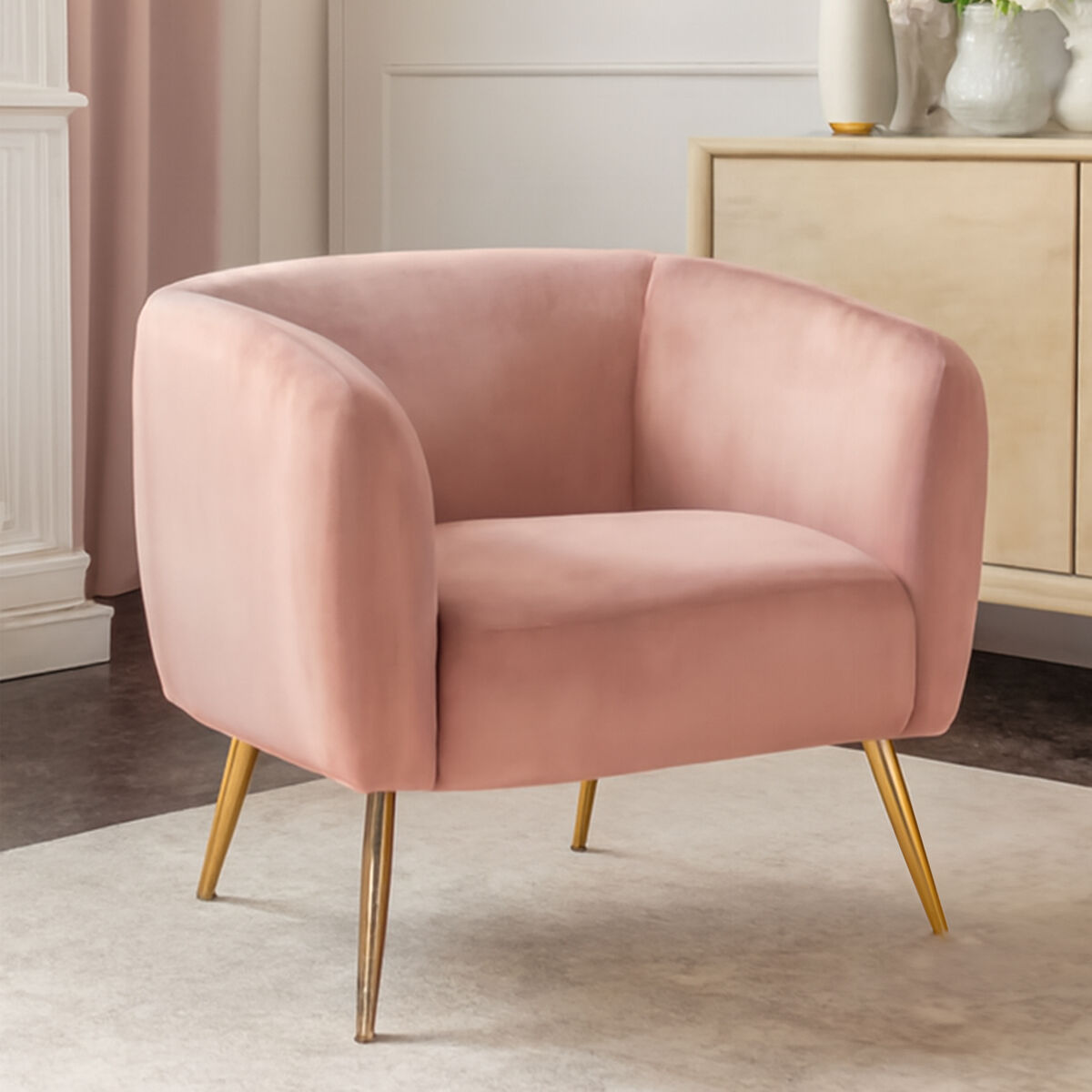 Orsina Yasmeen Pink Velvet Armchair | Glam Accent Chair with Gold Legs