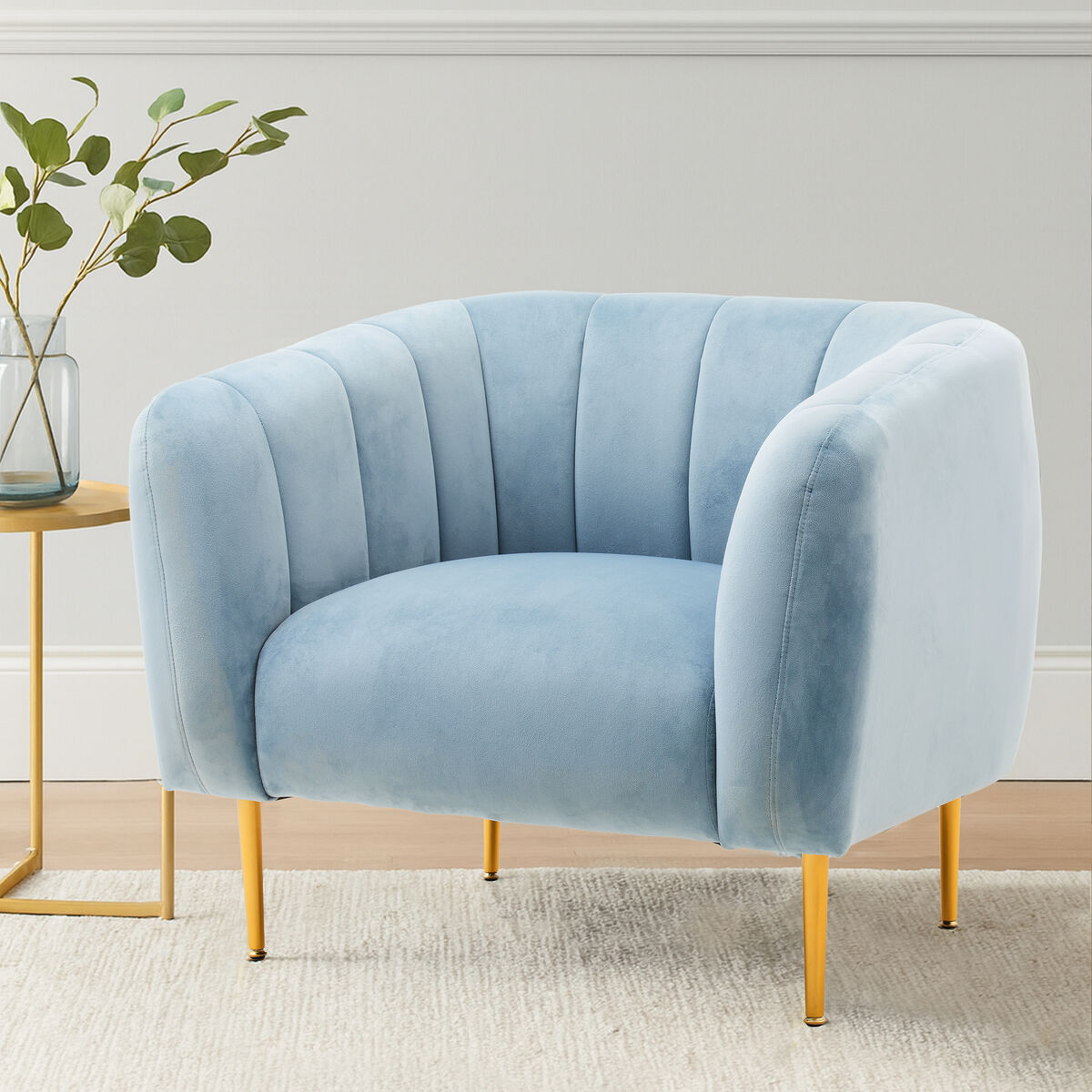 Orsina Yasmeen Blue Velvet Armchair – Modern Accent Chair with Gold Legs