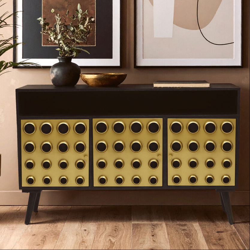 Orsina Arti Three-Door Sideboard – Gold Accent Wooden Storage Cabinet