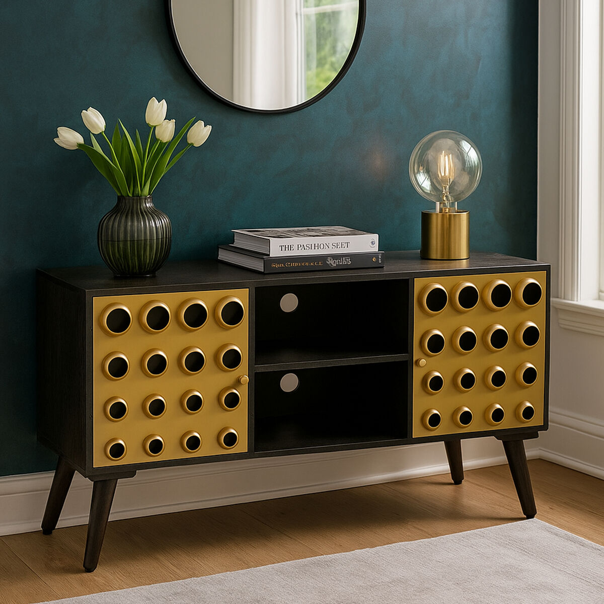 Orsina Arti Mango Wood Media Unit – Mid-Century TV Stand with Gold Detail