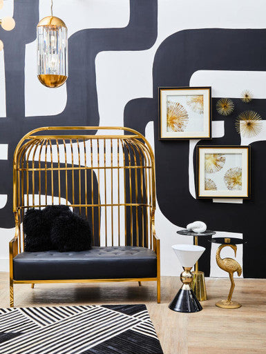 Orsina Eliza Gold Dome Cage 2-Seater Sofa | Black Faux Leather
