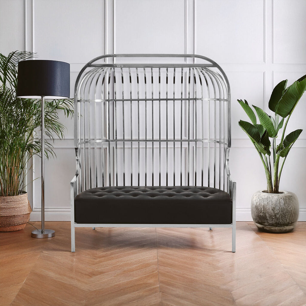 Orsina Eliza 2 Seater Silver Dome Cage Sofa | Black Faux Leather