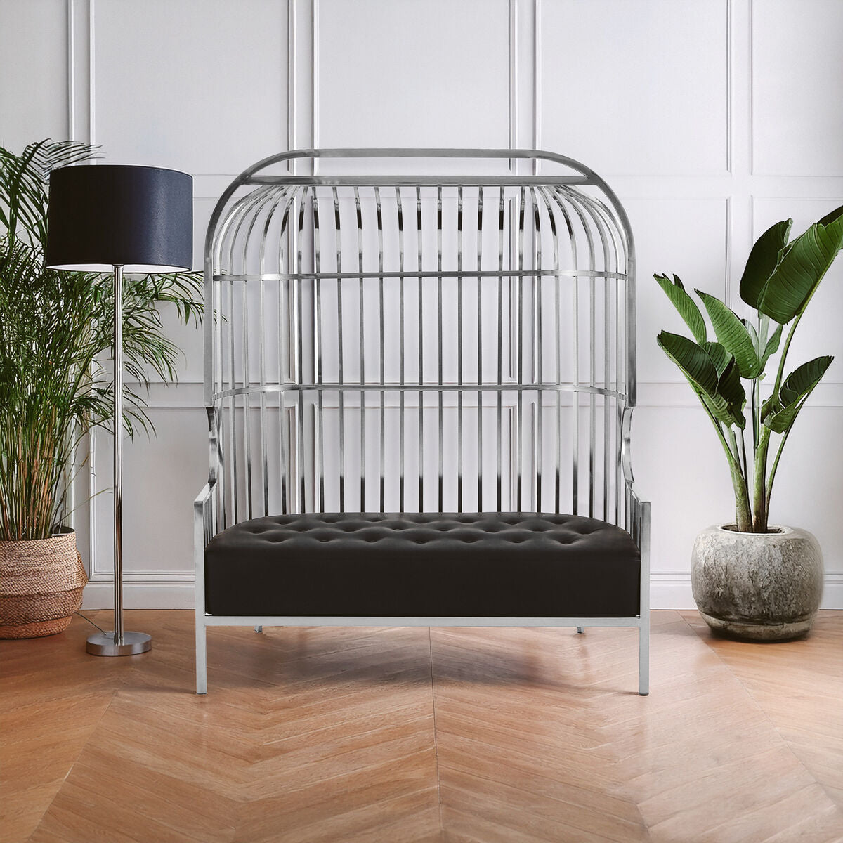Orsina Eliza 2 Seater Silver Dome Cage Sofa | Black Faux Leather