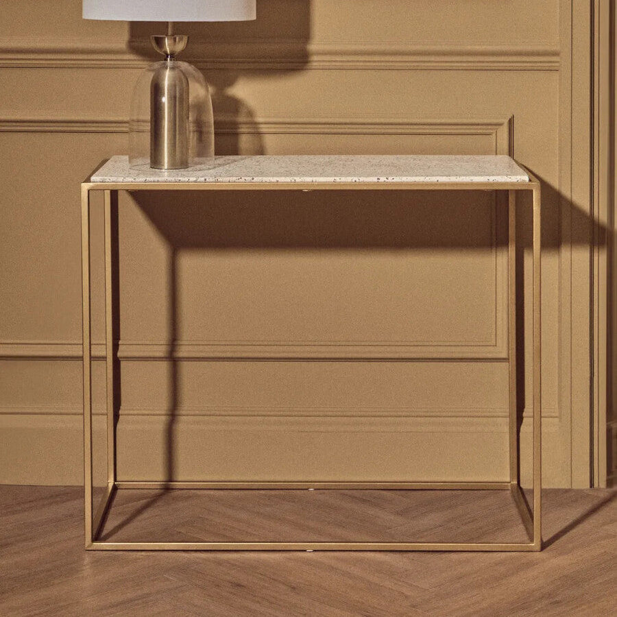 Orsina Templar Gold Console Table | White Marble Top Metal Frame
