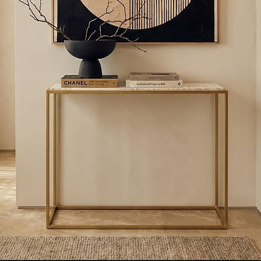 Orsina Templar Gold Console Table | White Marble Top Metal Frame