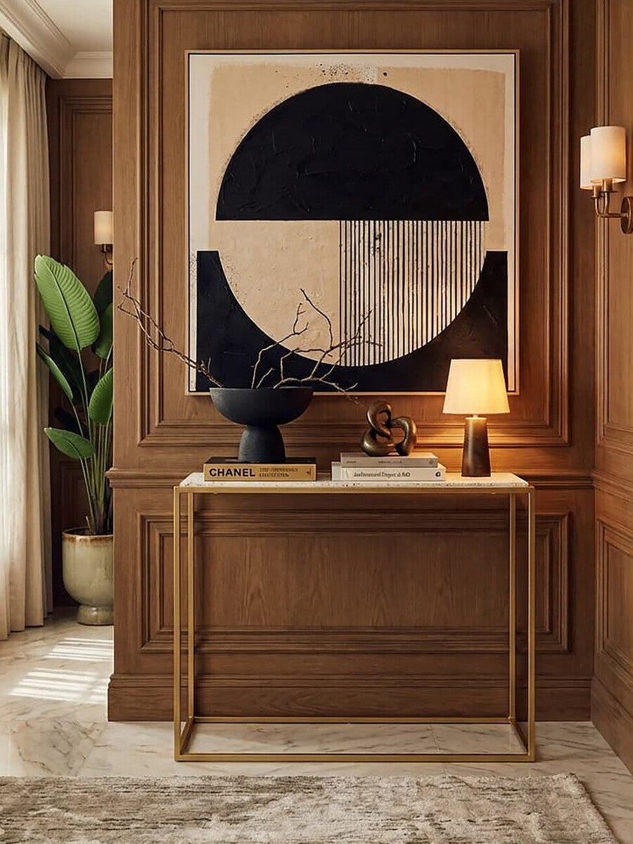 Orsina Templar Gold Console Table | White Marble Top Metal Frame
