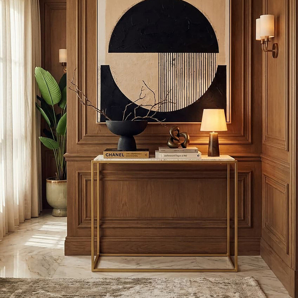 Orsina Templar Gold Console Table | White Marble Top Metal Frame