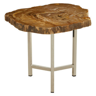 Orsina Relic Small Petrified Wood Side Table | Silver Metal Frame