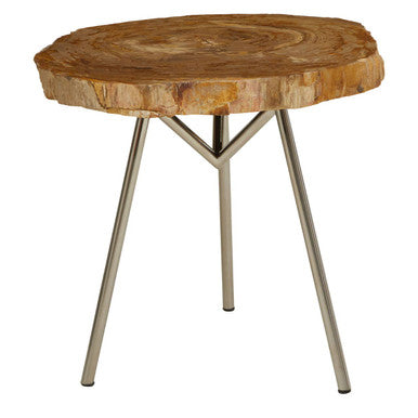 Orsina Relic Petrified Wood Side Table – Silver Metal Tripod Base