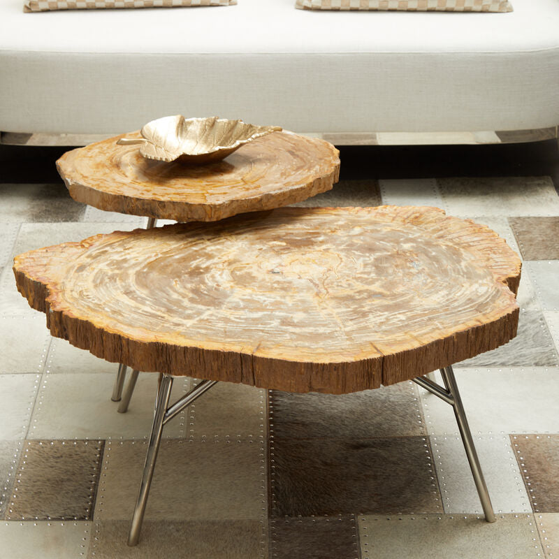 Orsina Relic Petrified Wood Side Table – Silver Metal Tripod Base