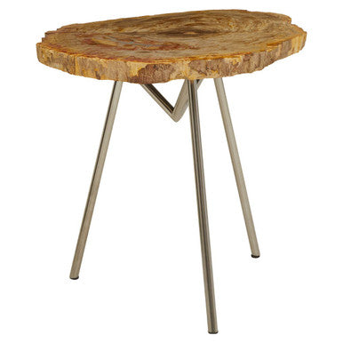 Orsina Large Petrified Wood Side Table – Rustic Stone Top & Silver Frame