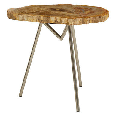 Orsina Large Petrified Wood Side Table – Rustic Stone Top & Silver Frame