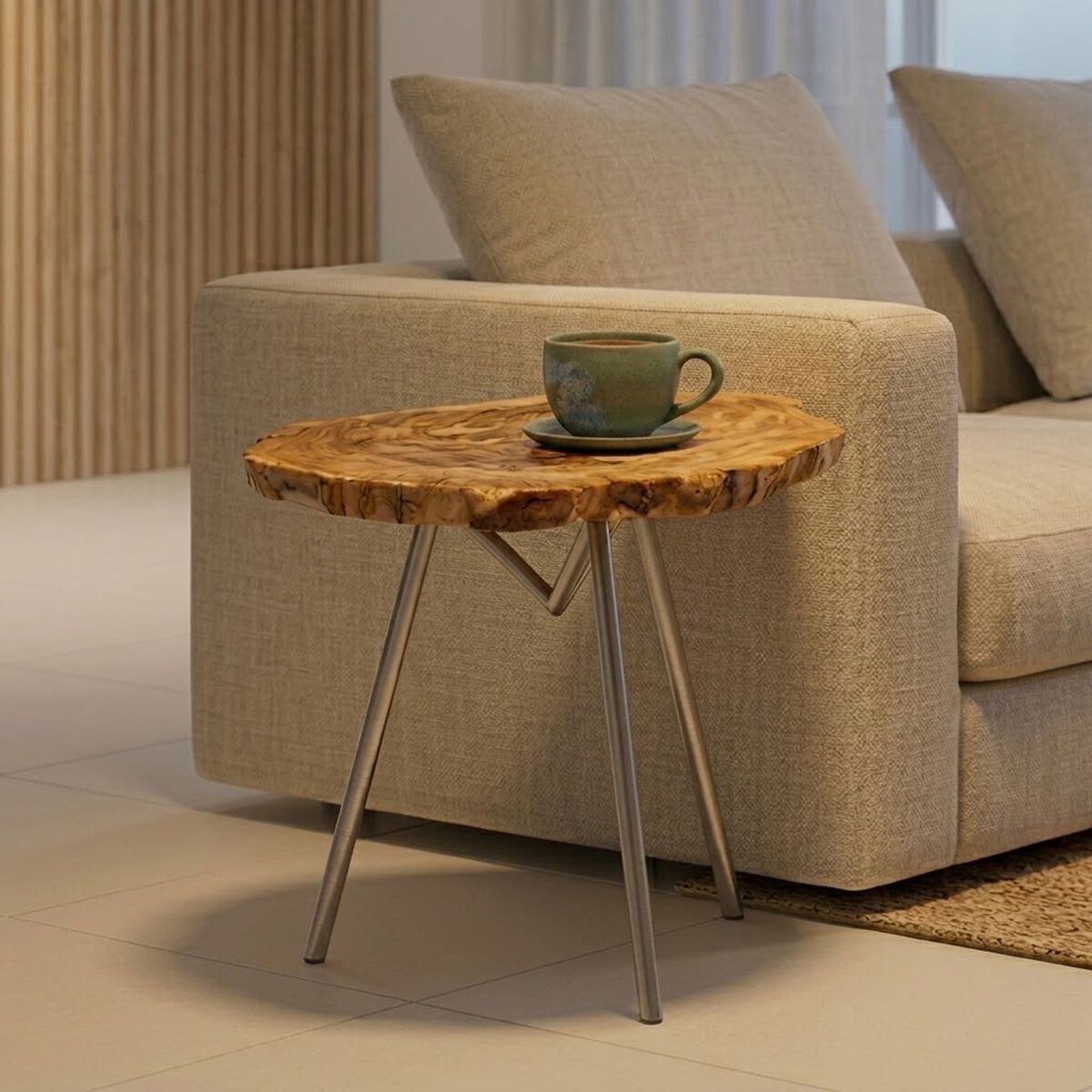 Orsina Large Petrified Wood Side Table – Rustic Stone Top & Silver Frame