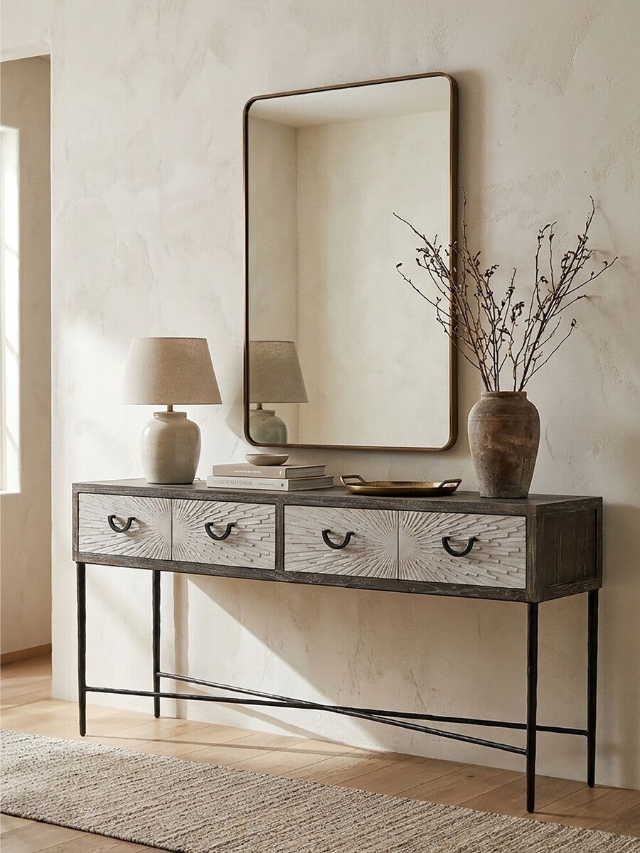 Orsina Milan Grey Elm Wood 4-Drawer Console Table with Metal Legs