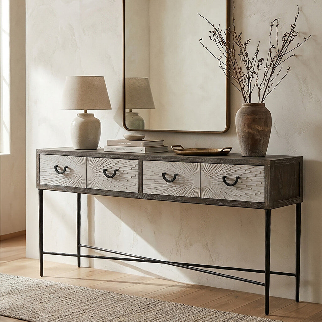 Orsina Milan Grey Elm Wood 4-Drawer Console Table with Metal Legs
