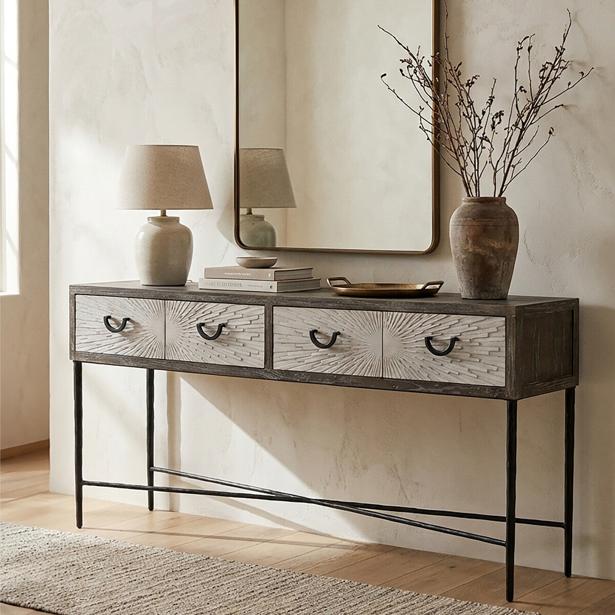 Orsina Milan Grey Elm Wood 4-Drawer Console Table with Metal Legs