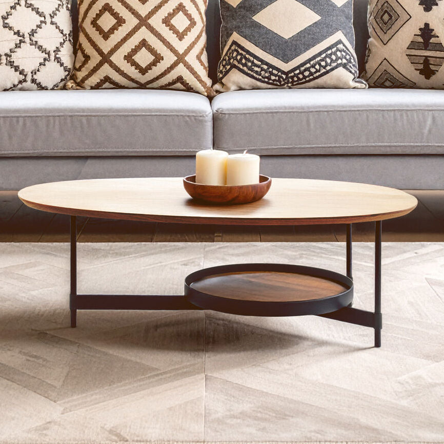 Orsina Doha Walnut Oblong Coffee Table – Two-Tier Black Metal Frame
