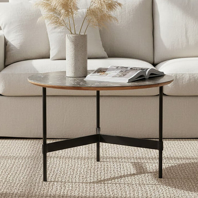 Orsina Doha Round Coffee Table – Grey Slate Top with Black Metal Base
