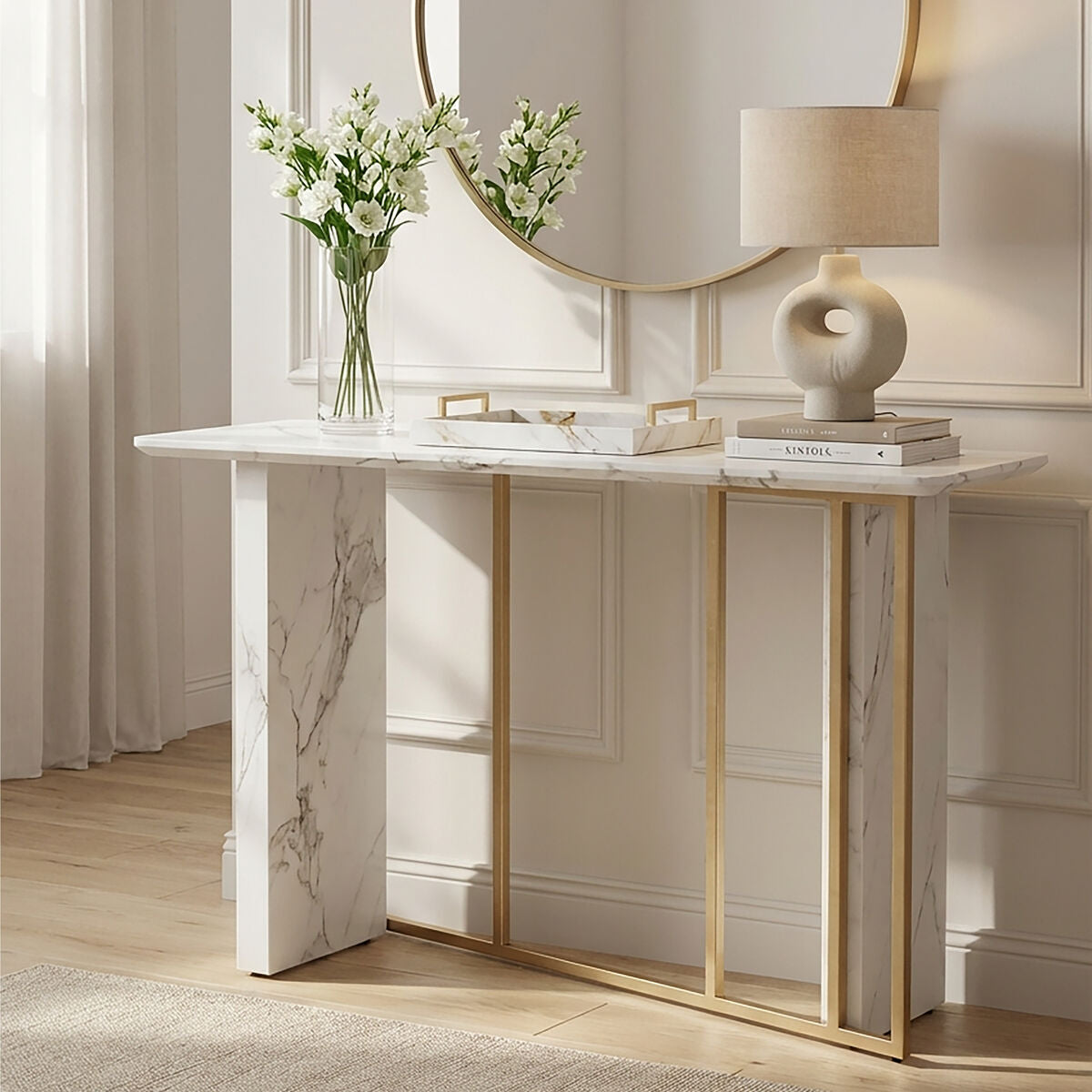 Orsina Vieste White Marble Console Table | Gold Metal Base, 120cm