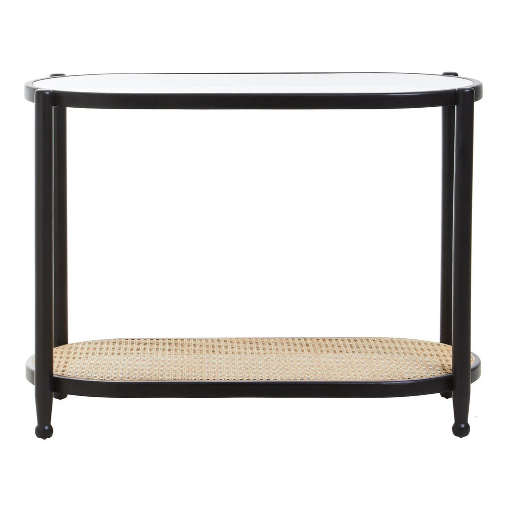 Orsina Cebu 2-Tier Console Table – Black Elm, Glass and Rattan Shelf