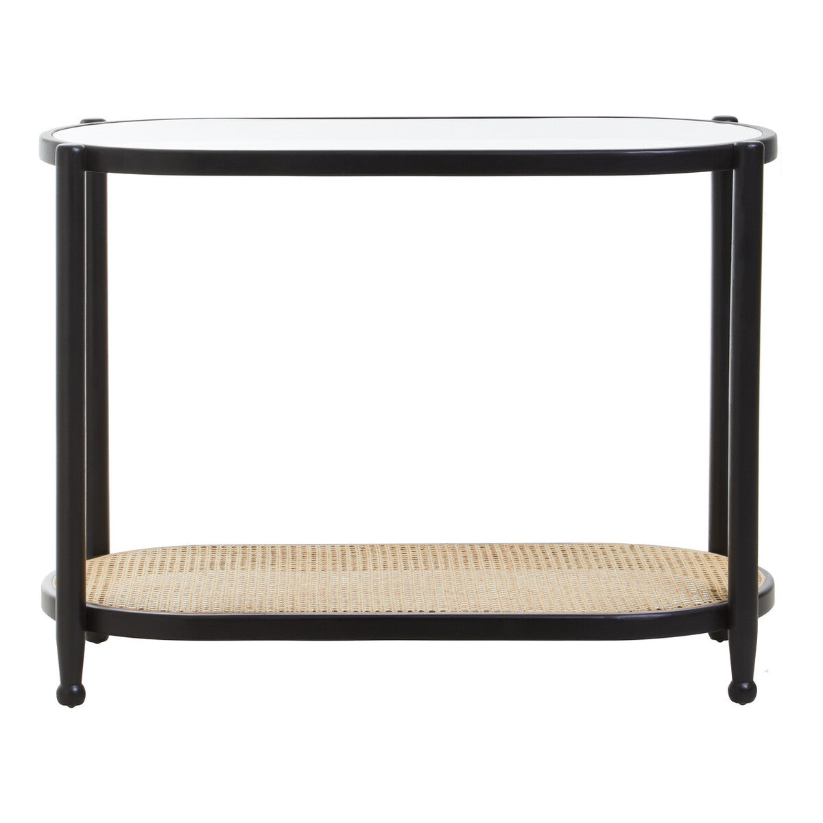 Orsina Cebu 2-Tier Console Table – Black Elm, Glass and Rattan Shelf