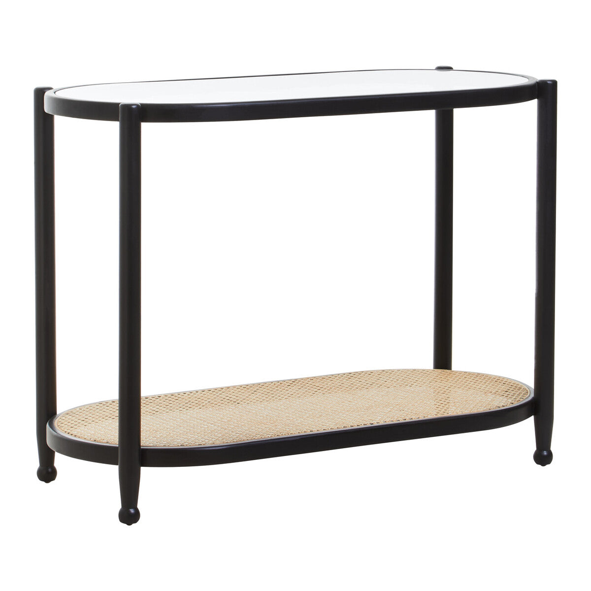 Orsina Cebu 2-Tier Console Table – Black Elm, Glass and Rattan Shelf