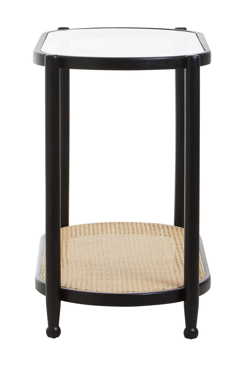 Orsina Cebu 2-Tier Console Table – Black Elm, Glass and Rattan Shelf