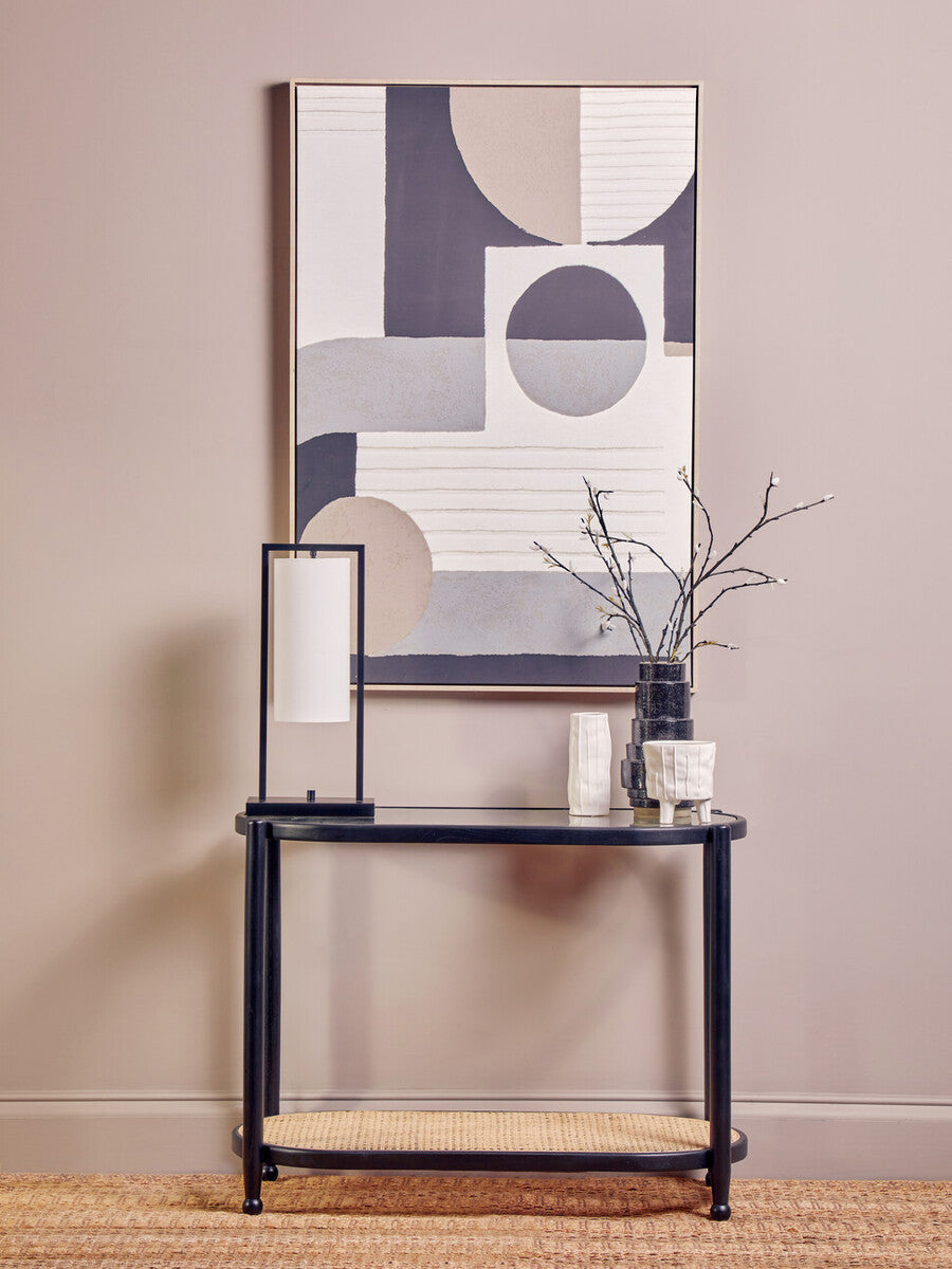 Orsina Cebu 2-Tier Console Table – Black Elm, Glass and Rattan Shelf