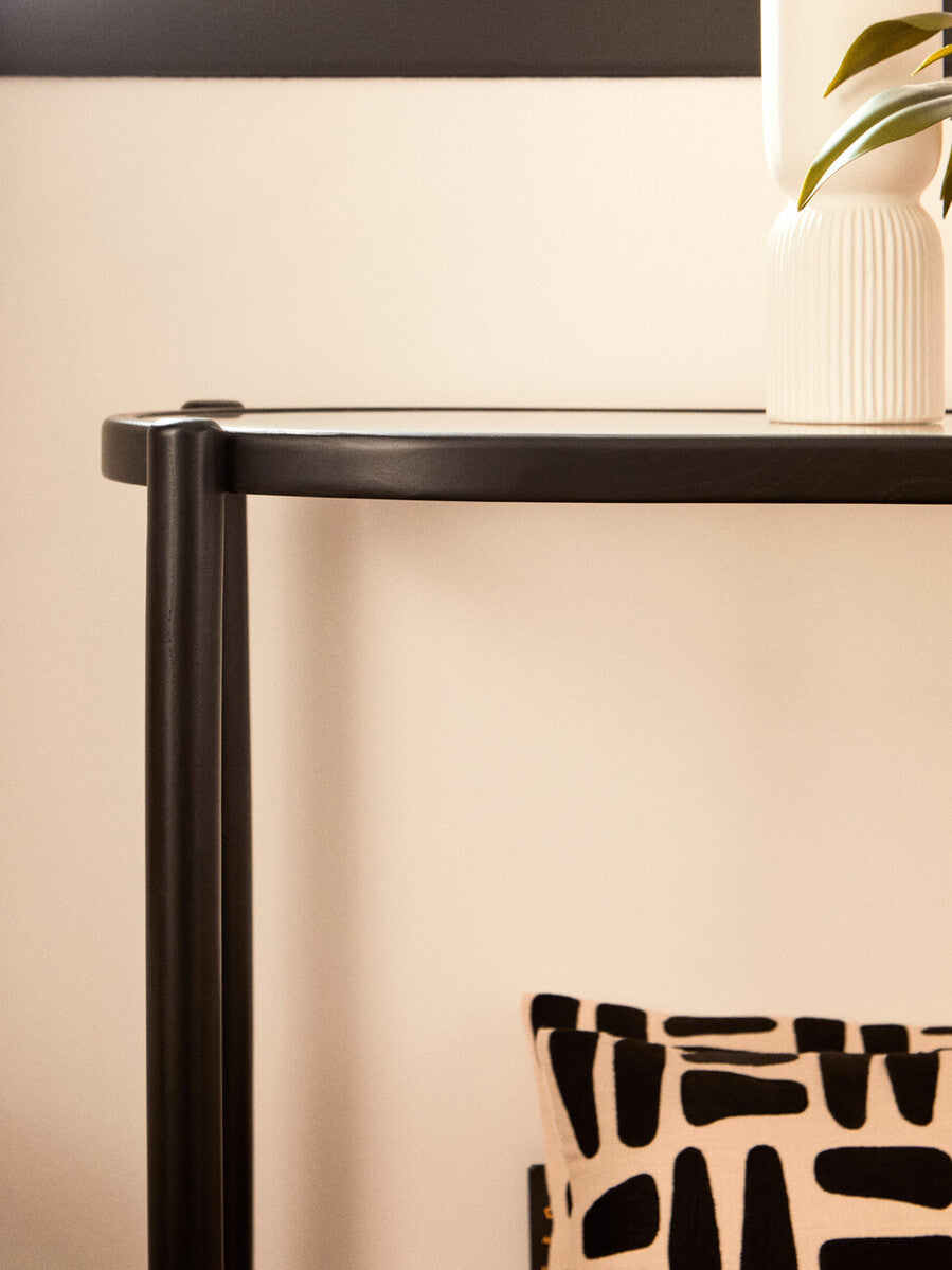 Orsina Cebu 2-Tier Console Table – Black Elm, Glass and Rattan Shelf
