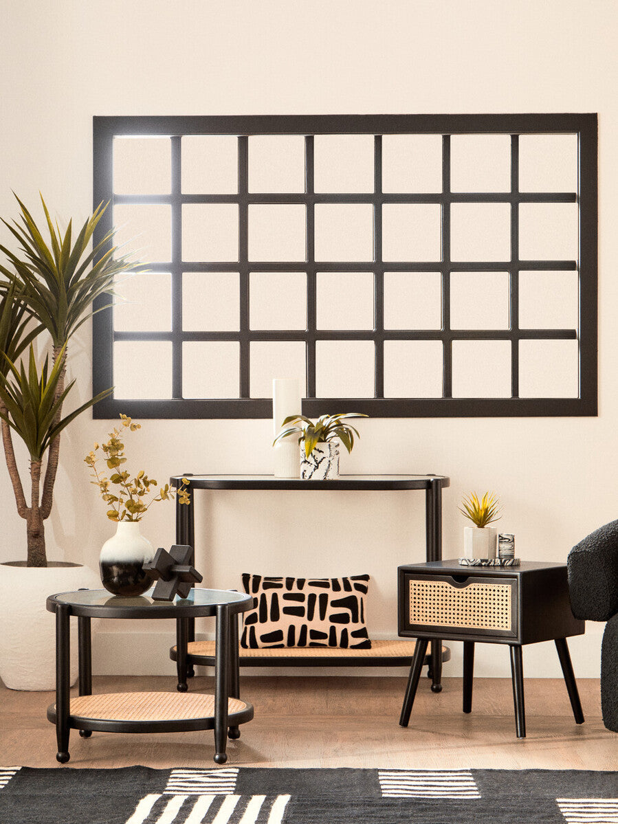 Orsina Cebu 2-Tier Console Table – Black Elm, Glass and Rattan Shelf