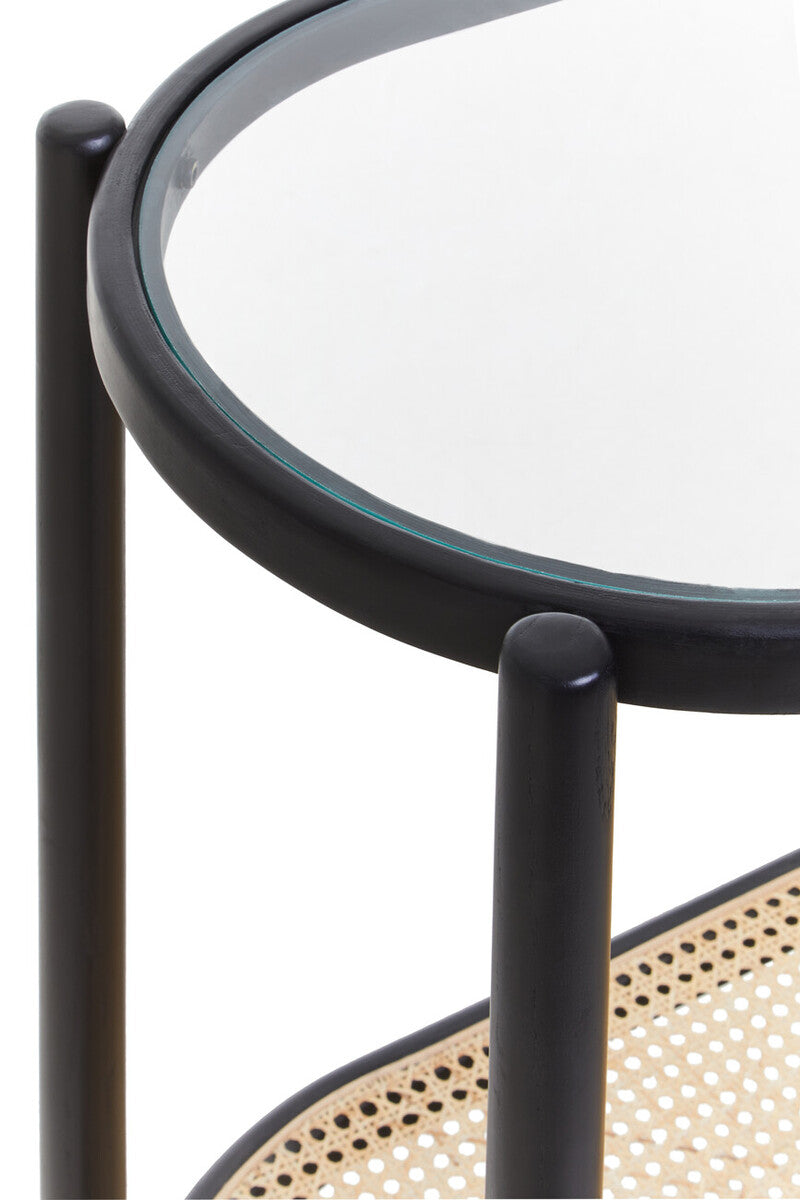 Orsina Cebu 2-Tier Console Table – Black Elm, Glass and Rattan Shelf