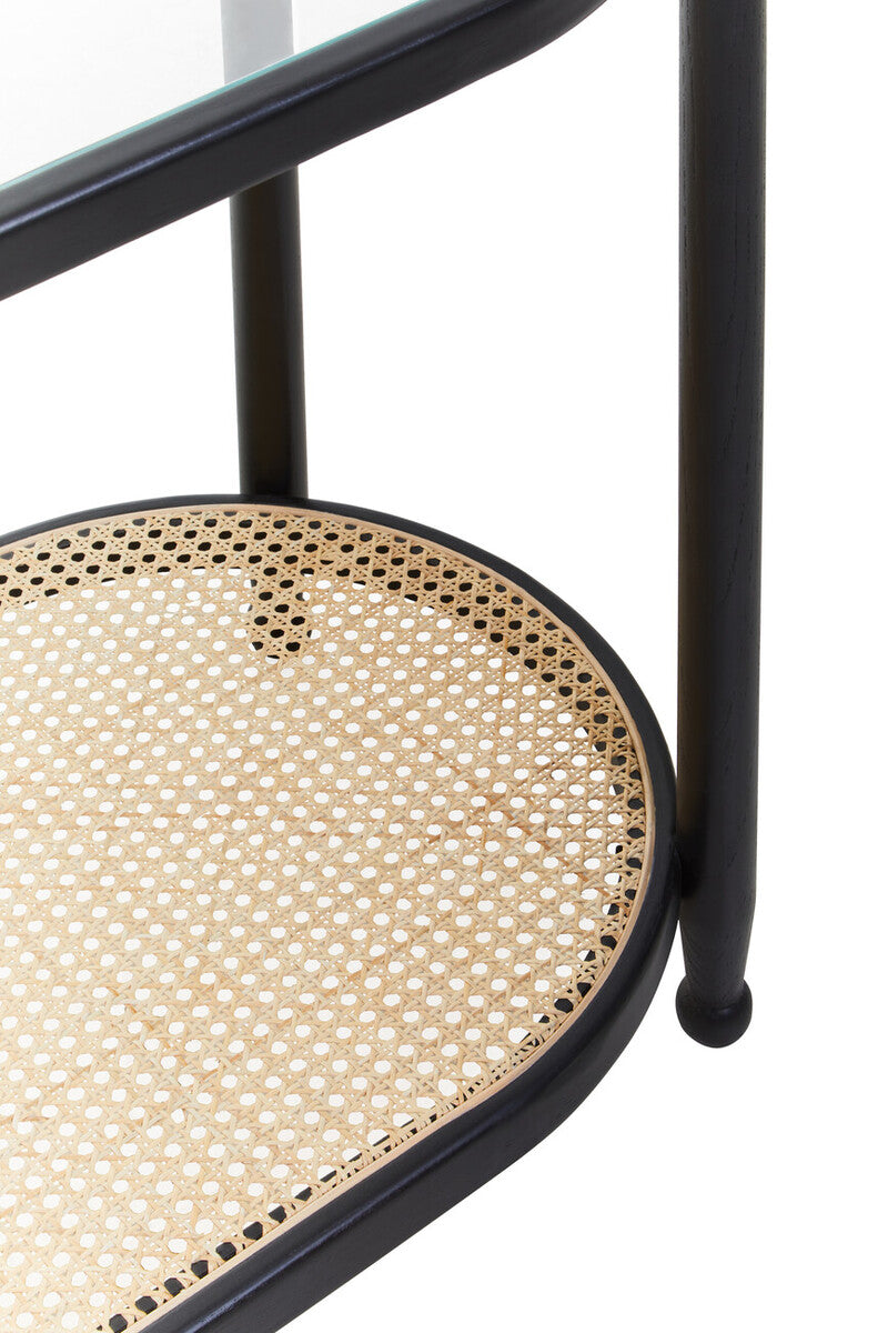 Orsina Cebu 2-Tier Console Table – Black Elm, Glass and Rattan Shelf