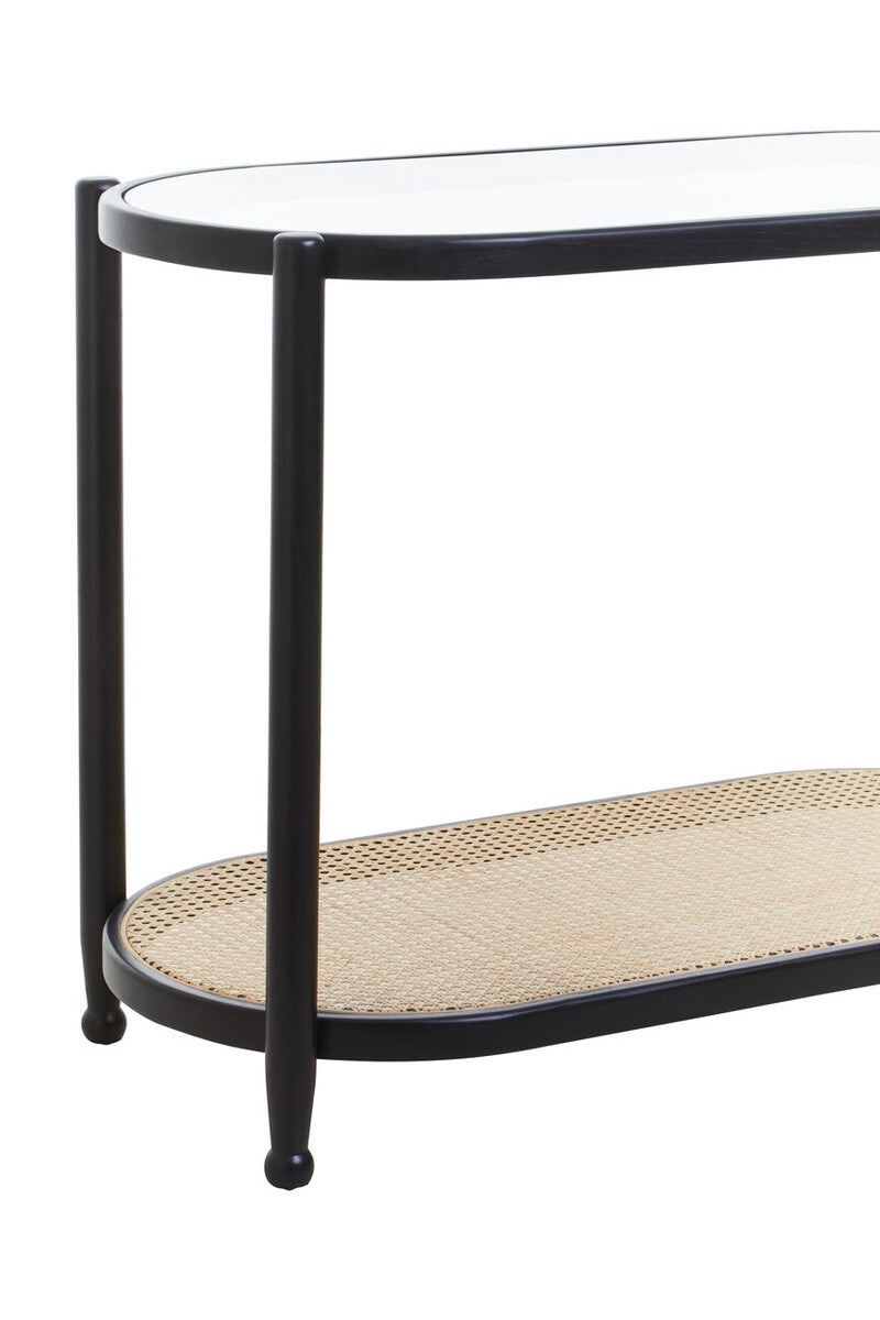 Orsina Cebu 2-Tier Console Table – Black Elm, Glass and Rattan Shelf