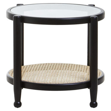 Orsina Cebu Black Elm Wood Side Table with Glass Top and Cane Shelf