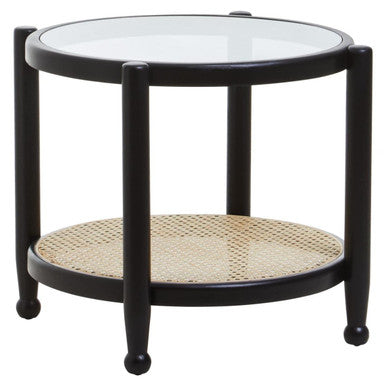 Orsina Cebu Black Elm Wood Side Table with Glass Top and Cane Shelf