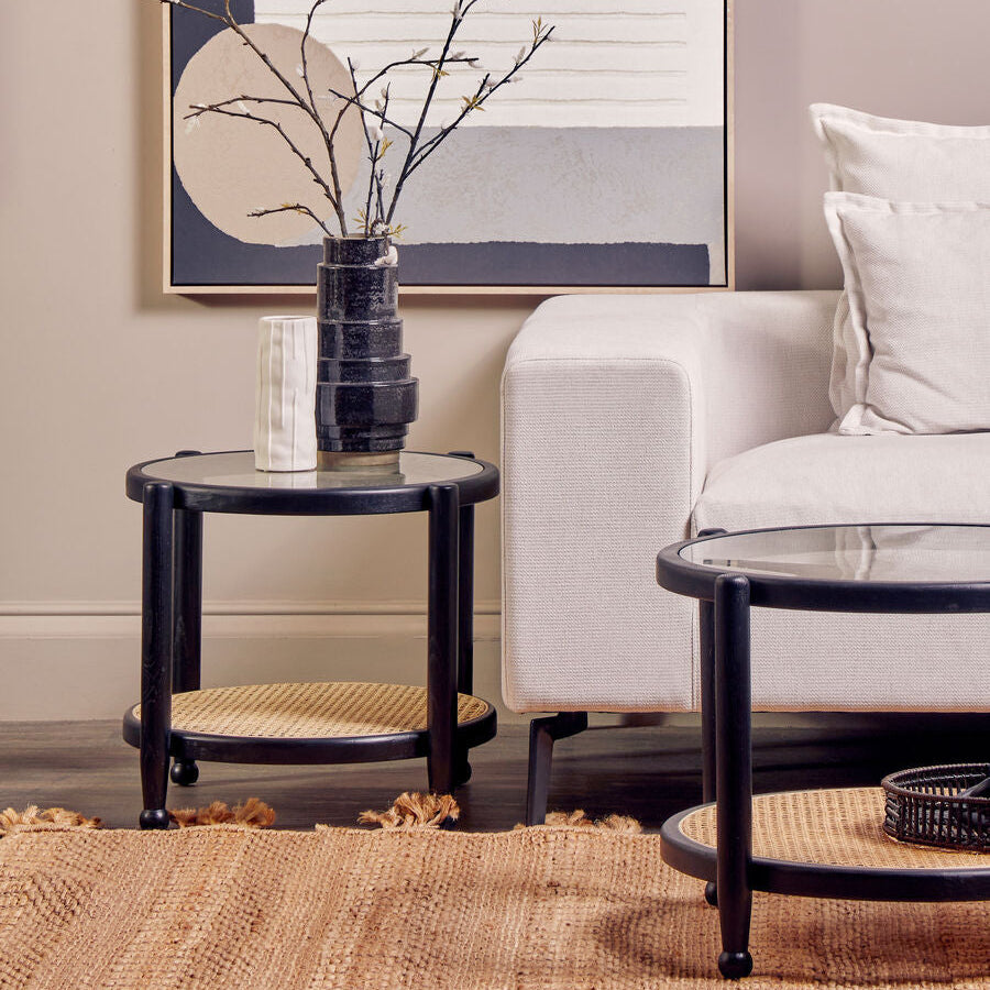 Orsina Cebu Black Elm Wood Side Table with Glass Top and Cane Shelf
