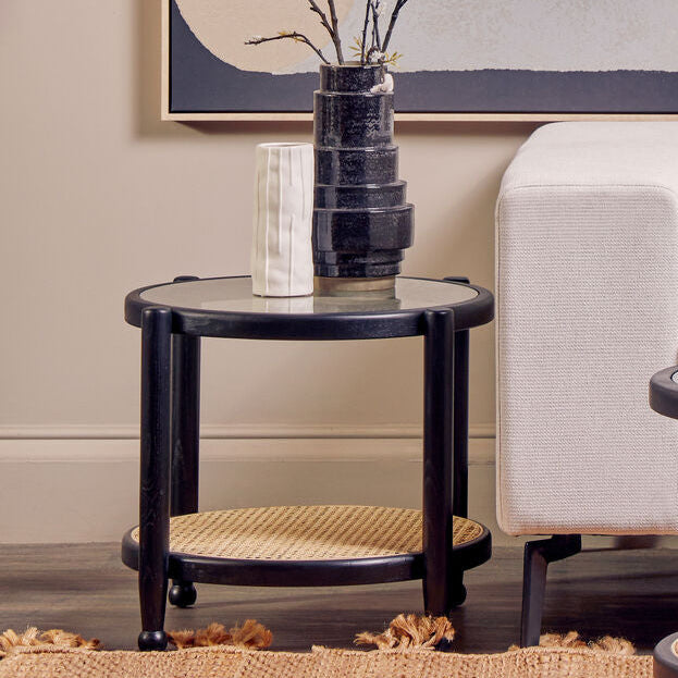 Orsina Cebu Black Elm Wood Side Table with Glass Top and Cane Shelf