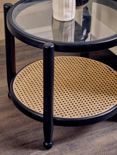 Orsina Cebu Black Elm Wood Side Table with Glass Top and Cane Shelf