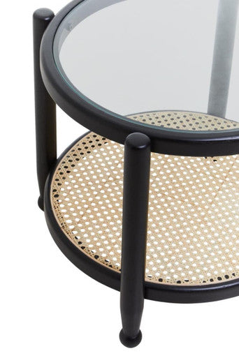 Orsina Cebu Black Elm Wood Side Table with Glass Top and Cane Shelf