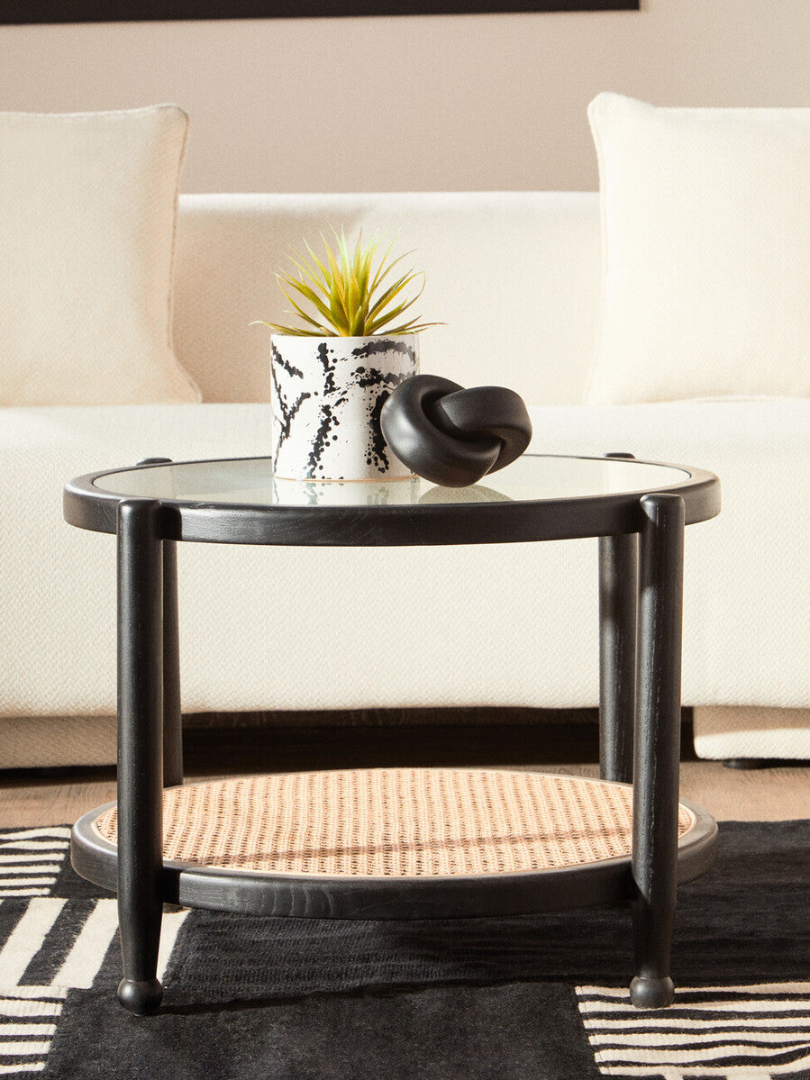 Orsina Cebu Rattan and Glass Coffee Table – Black Wood Frame