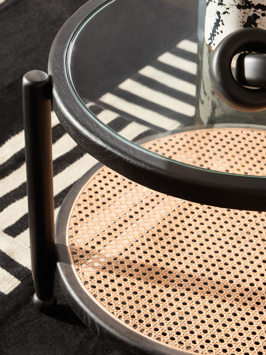 Orsina Cebu Rattan and Glass Coffee Table – Black Wood Frame